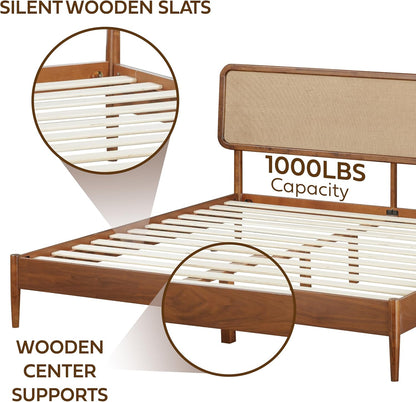 Lupin Wooden Bed Frame with Headboard, Solid Oak and Rubber Wood Foundation with Silent Slats and Wood Central Supports, 1000 Lb Capacity