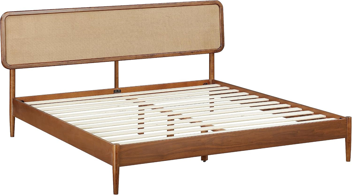 Lupin Wooden Bed Frame with Headboard, Solid Oak and Rubber Wood Foundation with Silent Slats and Wood Central Supports, 1000 Lb Capacity