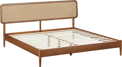 Lupin Wooden Bed Frame with Headboard, Solid Oak and Rubber Wood Foundation with Silent Slats and Wood Central Supports, 1000 Lb Capacity
