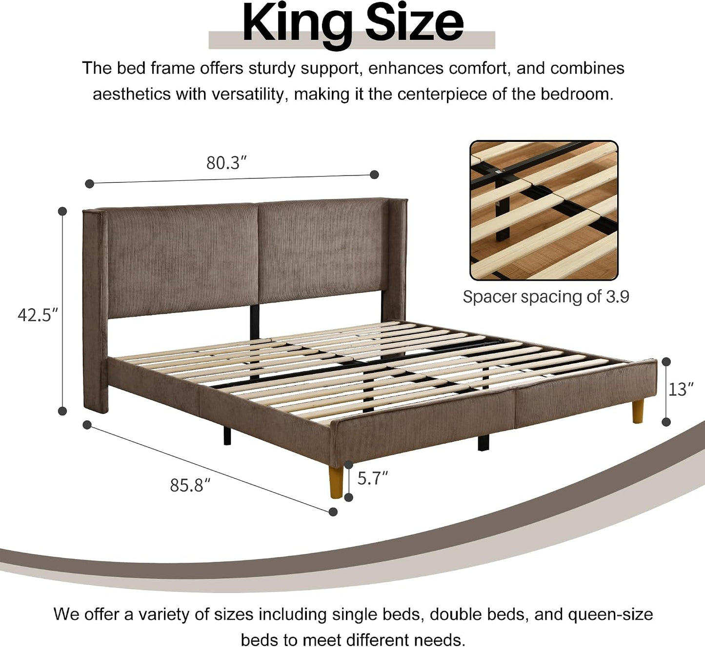 Upholstered Bed Frame with Velvet Upholstered Headboard, No Springs, Easy to Assemble, Strong Wooden Slats, Non-Slip and No Noise (Mink, King (U.S. Standard))