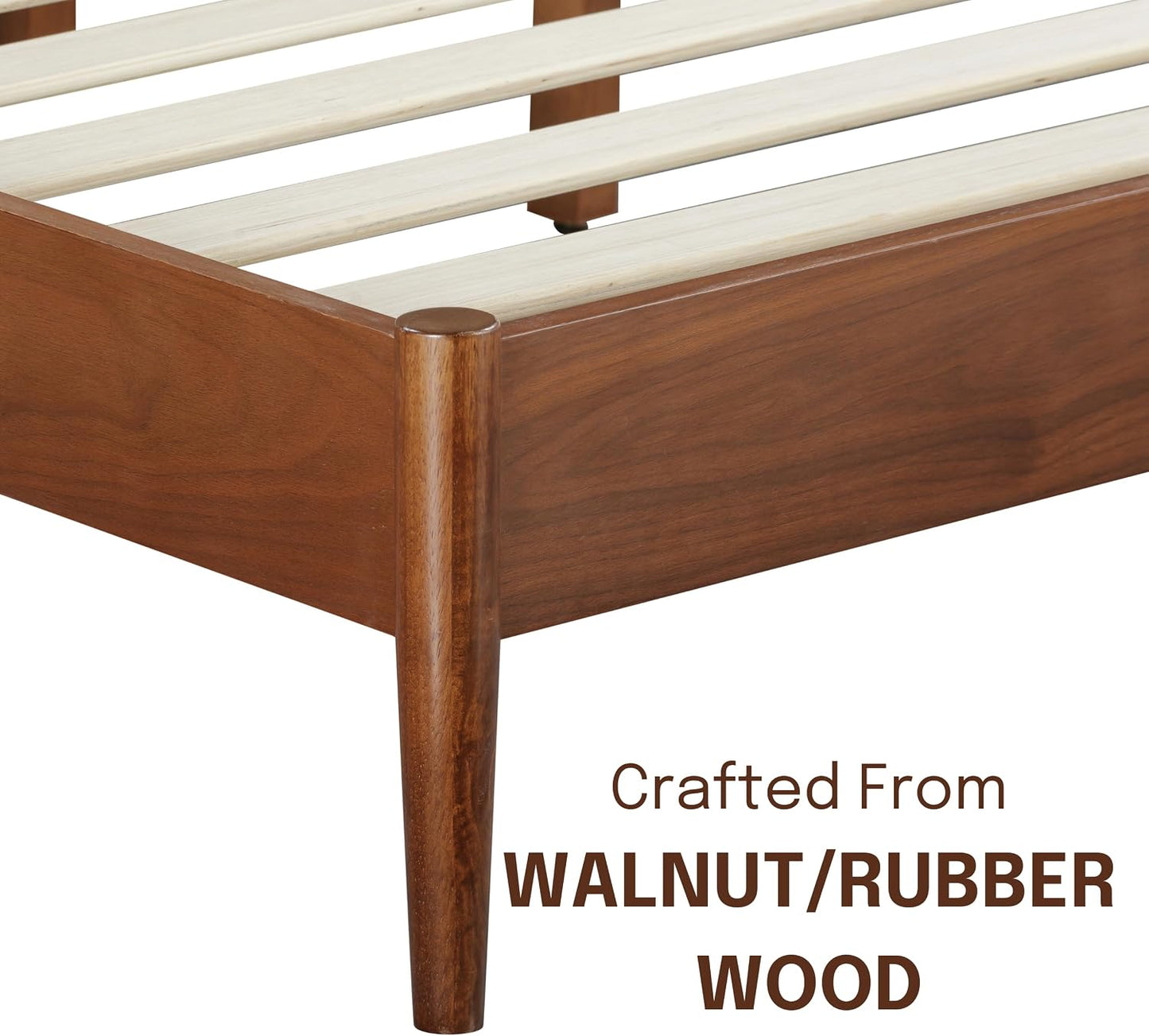 Lupin Wooden Bed Frame with Headboard, Solid Oak and Rubber Wood Foundation with Silent Slats and Wood Central Supports, 1000 Lb Capacity