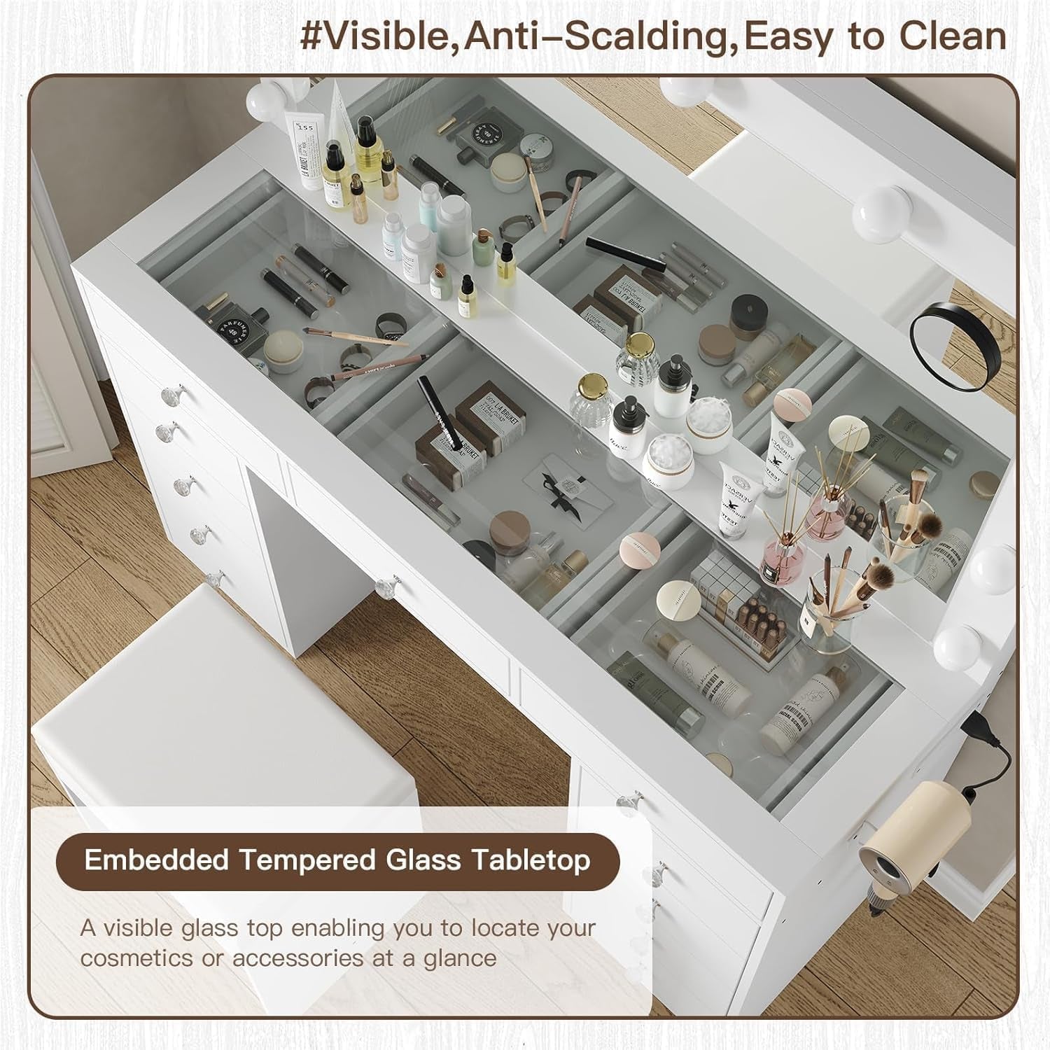 11 Drawers Vanity Desk with Power Outlet, Makeup Vanity with Mirror and 12 LED Lights, 3 Lighting Modes, Vanity Set, Glass Top, Dressing Table for Bedroom,Dressing Room, White