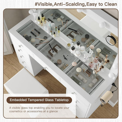 11 Drawers Vanity Desk with Power Outlet, Makeup Vanity with Mirror and 12 LED Lights, 3 Lighting Modes, Vanity Set, Glass Top, Dressing Table for Bedroom,Dressing Room, White