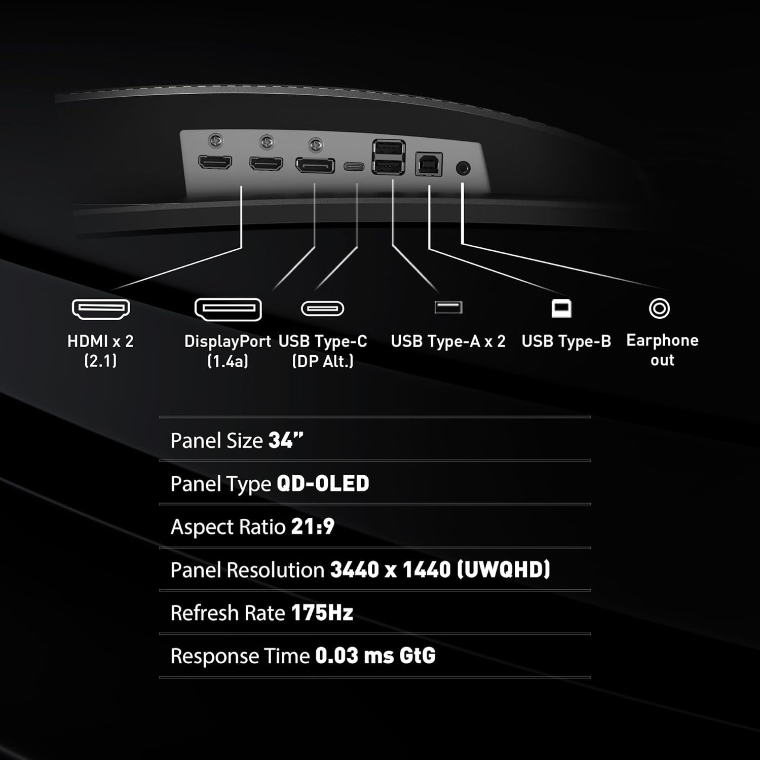 MAG341CQP QD-OLED, 34 Curved Gaming Monitor, 3440 X 1440 (UWQHD), OLED 0.03Ms Response Time, 175Hz, True Black HDR 400, HDMI, DP Port, USB Type C, Tilt, Height