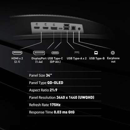 MAG341CQP QD-OLED, 34 Curved Gaming Monitor, 3440 X 1440 (UWQHD), OLED 0.03Ms Response Time, 175Hz, True Black HDR 400, HDMI, DP Port, USB Type C, Tilt, Height