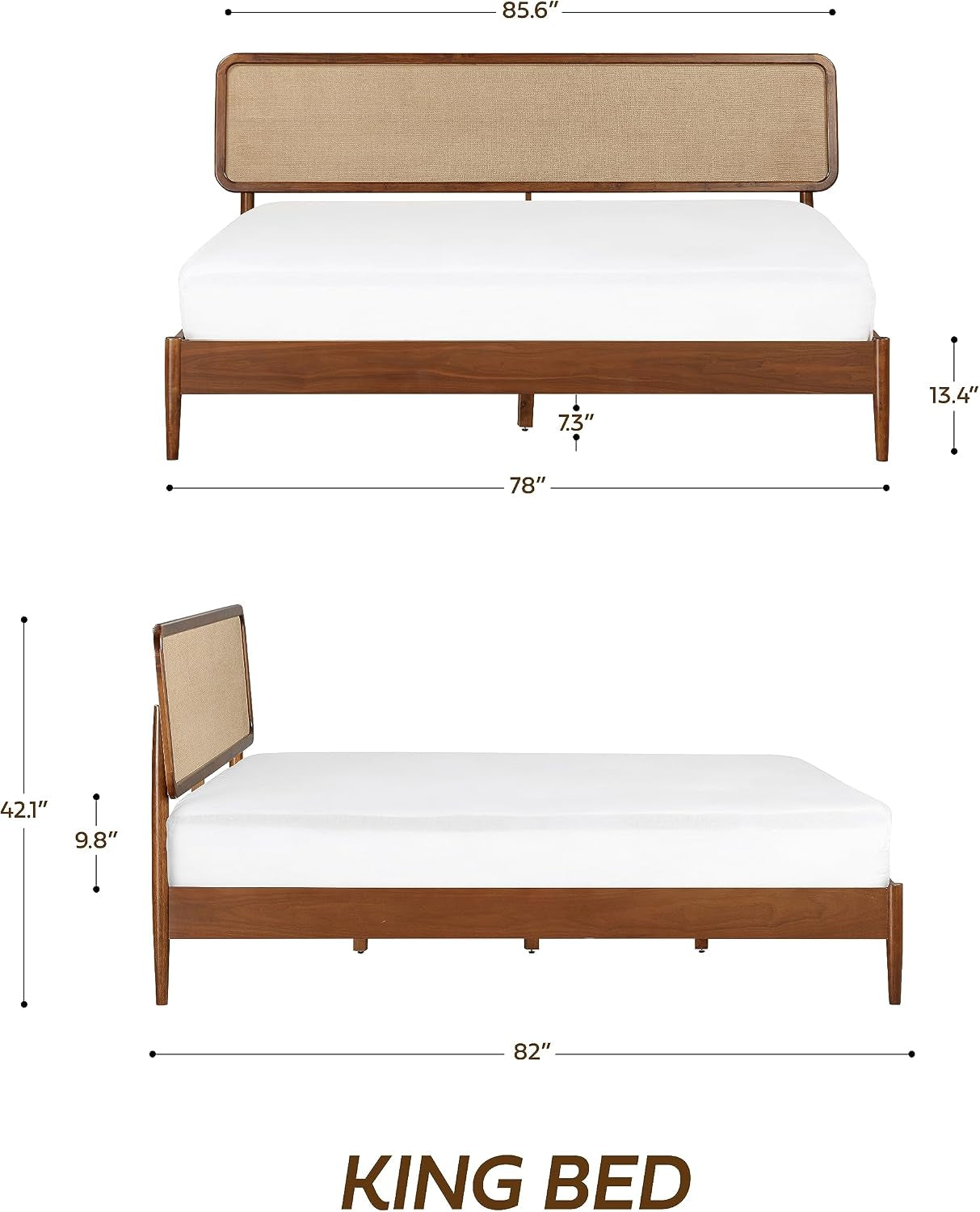 Lupin Wooden Bed Frame with Headboard, Solid Oak and Rubber Wood Foundation with Silent Slats and Wood Central Supports, 1000 Lb Capacity