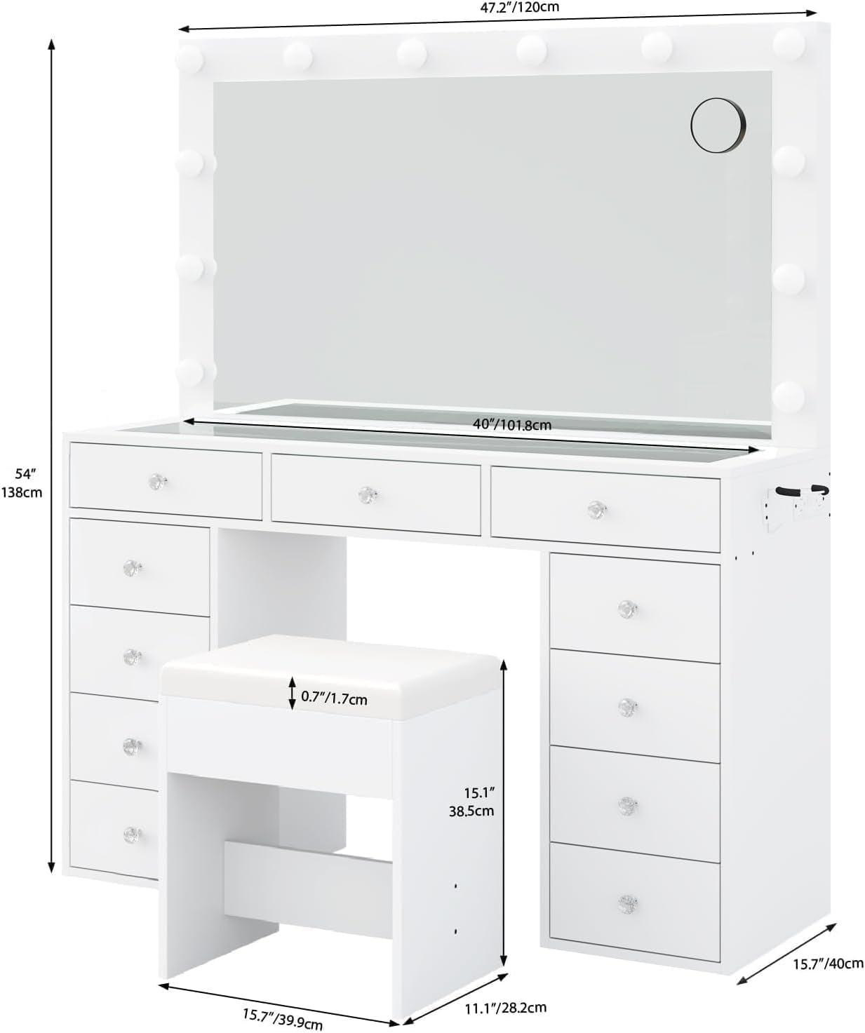 11 Drawers Vanity Desk with Power Outlet, Makeup Vanity with Mirror and 12 LED Lights, 3 Lighting Modes, Vanity Set, Glass Top, Dressing Table for Bedroom,Dressing Room, White