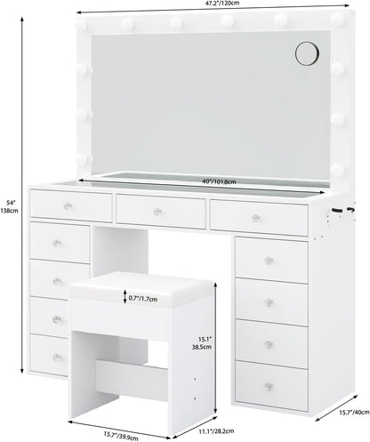 11 Drawers Vanity Desk with Power Outlet, Makeup Vanity with Mirror and 12 LED Lights, 3 Lighting Modes, Vanity Set, Glass Top, Dressing Table for Bedroom,Dressing Room, White
