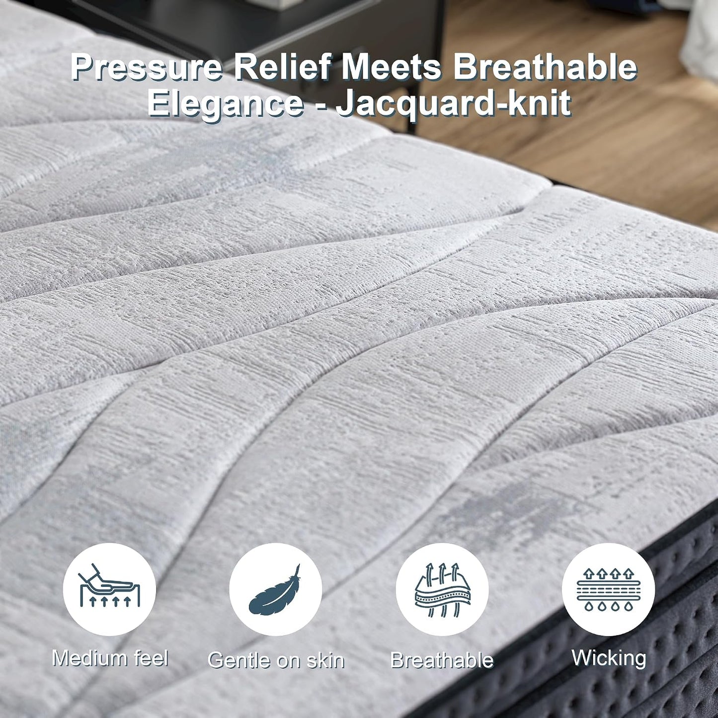 Queen Size Mattress Medium - 14 Inch Memory Foam Hybrid Mattress Strong Edge Support without Motion Transfer for Deep Sleep, Grey