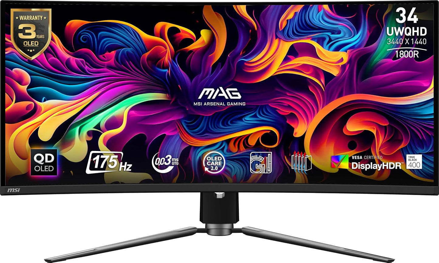 MAG341CQP QD-OLED, 34 Curved Gaming Monitor, 3440 X 1440 (UWQHD), OLED 0.03Ms Response Time, 175Hz, True Black HDR 400, HDMI, DP Port, USB Type C, Tilt, Height