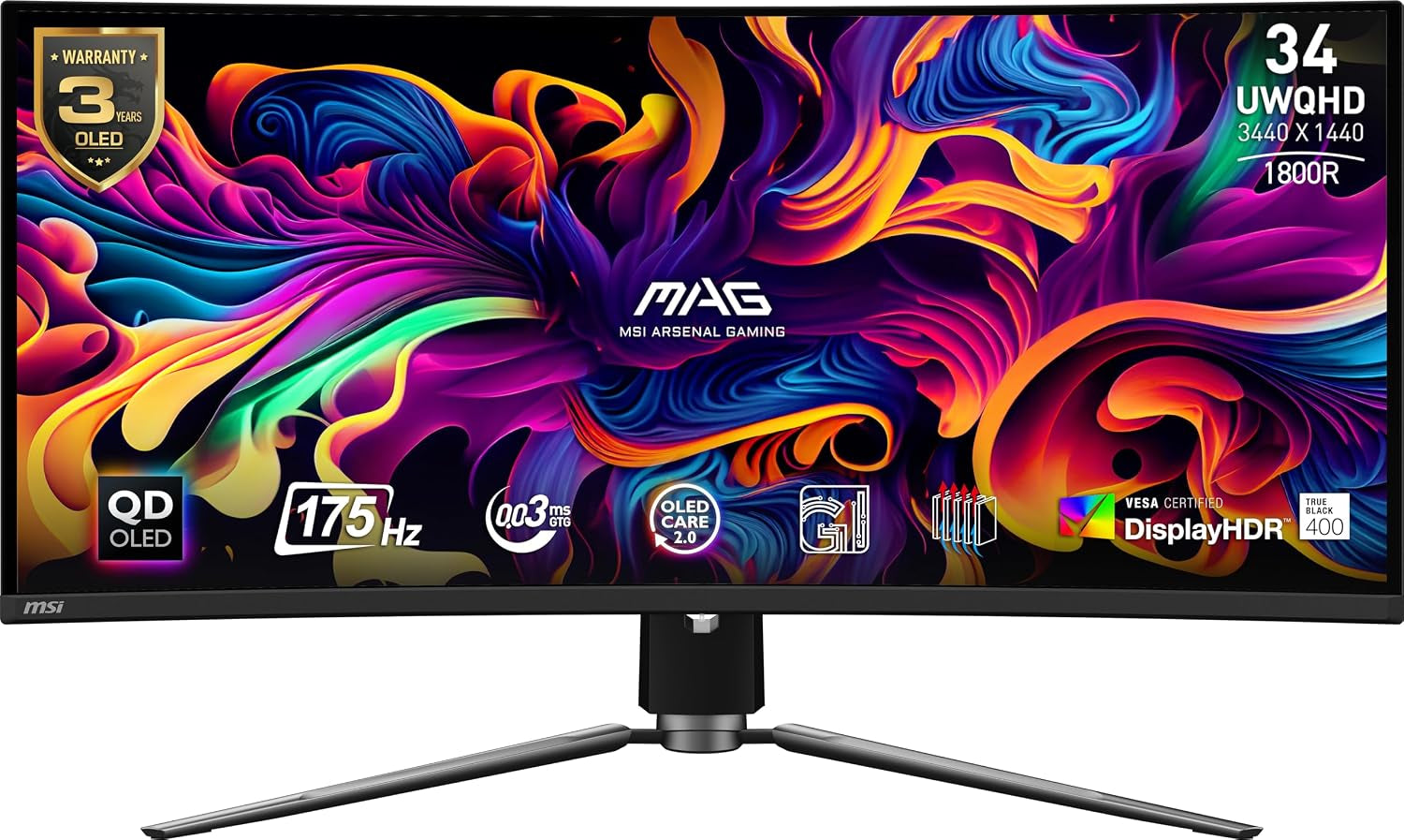 MAG341CQP QD-OLED, 34 Curved Gaming Monitor, 3440 X 1440 (UWQHD), OLED 0.03Ms Response Time, 175Hz, True Black HDR 400, HDMI, DP Port, USB Type C, Tilt, Height