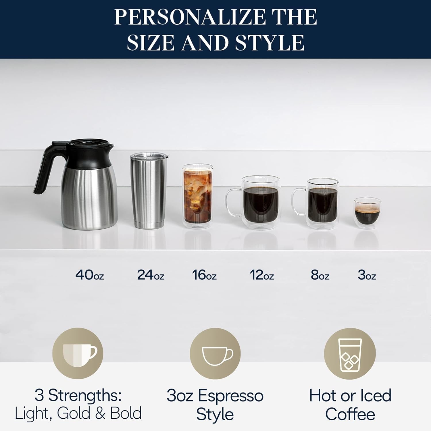 Truebrew Drip Coffee Maker, Built in Grinder, Single Serve, 8 Oz to 24 Oz with 40 Oz Carafe, Hot or Iced Coffee, Stainless,Cam51035M