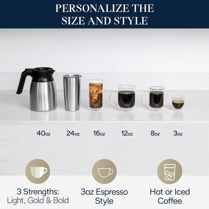 Truebrew Drip Coffee Maker, Built in Grinder, Single Serve, 8 Oz to 24 Oz with 40 Oz Carafe, Hot or Iced Coffee, Stainless,Cam51035M