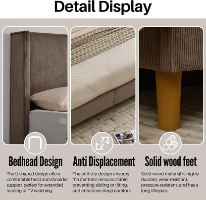 Upholstered Bed Frame with Velvet Upholstered Headboard, No Springs, Easy to Assemble, Strong Wooden Slats, Non-Slip and No Noise (Mink, King (U.S. Standard))
