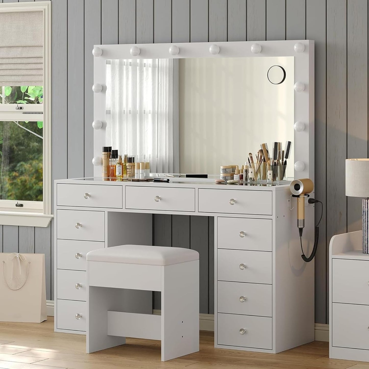 11 Drawers Vanity Desk with Power Outlet, Makeup Vanity with Mirror and 12 LED Lights, 3 Lighting Modes, Vanity Set, Glass Top, Dressing Table for Bedroom,Dressing Room, White
