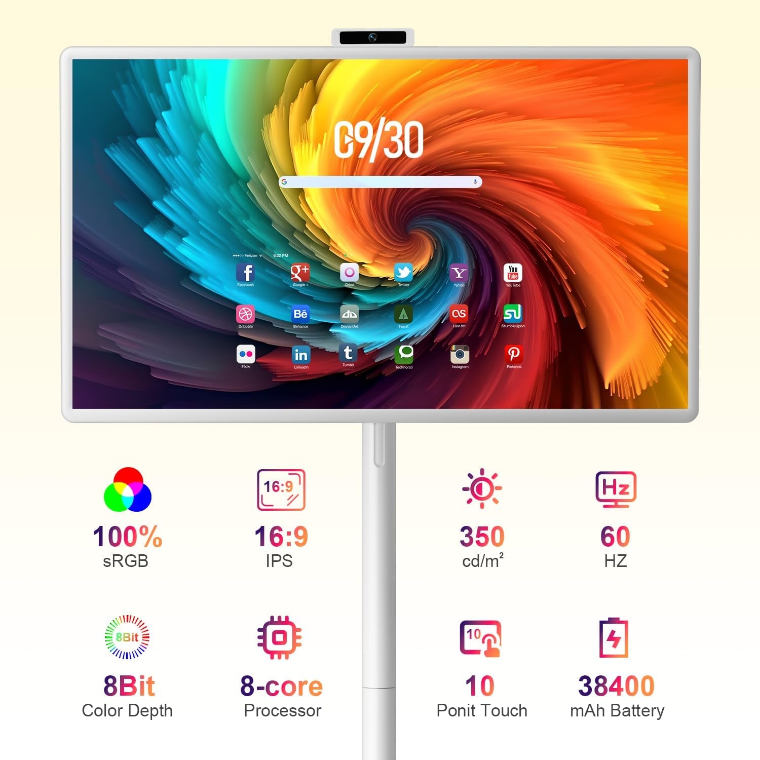 32 Inch FHD Smart Portable TV, Rolling TV on Wheels,8G +128GB Storage, Android 15 Os,Google Edla-Certified,Portable Touch Screen Monitor,38400Mah Battery,Removable 500W Camera
