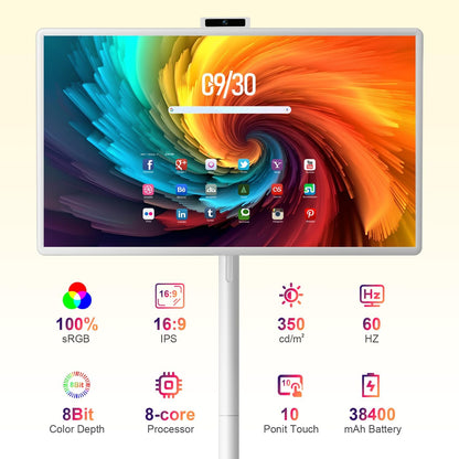 32 Inch FHD Smart Portable TV, Rolling TV on Wheels,8G +128GB Storage, Android 15 Os,Google Edla-Certified,Portable Touch Screen Monitor,38400Mah Battery,Removable 500W Camera